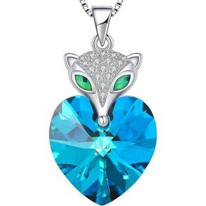 925 Sterling Silver Fox Heart Blue Crystal Pendant Necklace NWT
